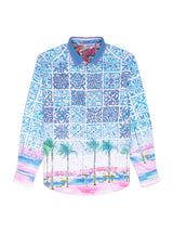 Long-sleeve shirt with a tropical palm tree and beach design on a white background