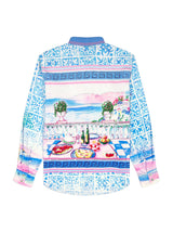 Colorful shirt with a scenic dinner design on a white background