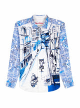 Long-sleeve shirt with architectural design on a white background