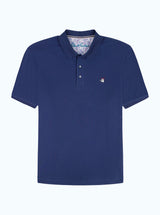 Navy blue polo shirt with a small, embroidered devil logo on a white background