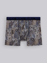 Pair of patterned boxer briefs with a brand label on a white background