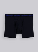 Black boxer briefs with blue waistband on a light gray background