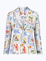 Colorful patterned blazer with tropical designs on a white background