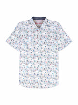 Short-sleeve shirt with a small floral pattern on a white background