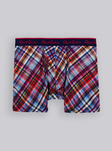 Plaid patterned boxer briefs with brand label on a light gray background